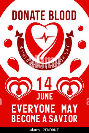Spenden Blutspender Poster für den 14. Juni des Weltblutspendetages. Vektor-Design von Herz, Blutstropfen und helfende Hand mit rotem Band für soziale Wohltätigkeitsveranstaltung Stock Vektor