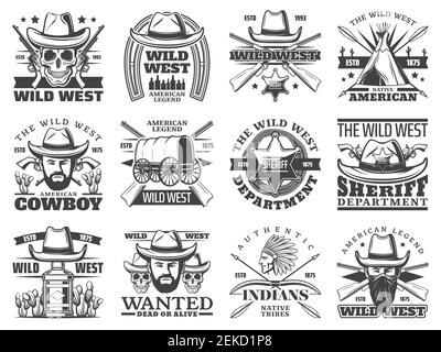 Wild West Cowboy, Schädel, Sheriff und Western Bandit Vektor-Symbole. Bärtige Männer mit Hüten, Gewehren und Texas Ranger Sterne Abzeichen, indianer Chef, alten Wagen und Stock Vektor