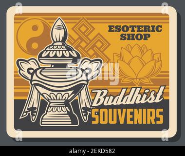 Buddhismus Religion Schatz Vase Vektor-Design. Buddhistische religiöse Symbole des Schatzes und des Reichtums mit heiliger Lotusblume, Yin Yang und endlosem Knoten. Stock Vektor