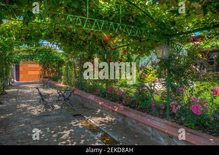 Bänke und Tische unter einem Rosentunnel in Bulgarien Stockfoto