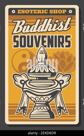 Buddhismus Religion Vektor Symbole der buddhistischen Souvenirs Shop retro Poster. Orientalisches religiöses Yin Yang, heilige Lotusblume und Vase des Schatzes und wir Stock Vektor