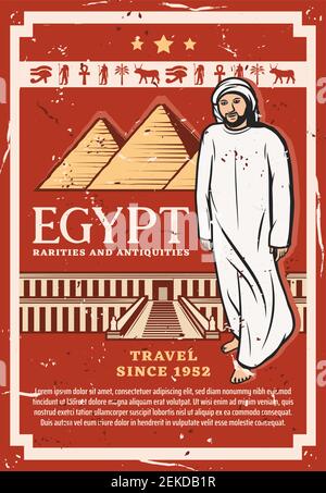 Reise nach Ägypten Vektor-Design der ägyptischen pharao Pyramiden und alten Tempel. Pyramiden von Giza und Djeser-djeseru Tempel mit Hieroglyphen des Horus-Auges Stock Vektor