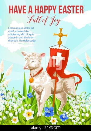 Osterlamm mit Kreuz Grußkarte für Frühlingsfeiertage. Weiße Schafe mit hölzernem Kruzifix und rote Fahne stehen auf Blumenfeld von Narzissen Stock Vektor