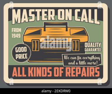 Toolbox mit Werkzeugen der Reparatur-und Bauarbeiter, Kfz-Service-Mechaniker Toolkit Vektor-Design. Handwerker Ausrüstung Retro Poster, Zimmerei und DIY t Stock Vektor