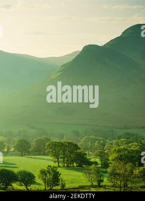 1998 Newlands Valley View - Blick am frühen Morgen auf Newlands Valley von der Braithwaite zur Buttermere Road oder dem Newlands Pass. Looking Crag Kn ott End und die strt von Maiden Moor kann gesehen werden. Der Newlands Pass, auch bekannt als Newlands Hause, ist ein Bergpass im English Lake District. Es liegt an einer nicht klassifizierten Straße, die das Newlands Valley, westlich von Keswick und Derwent Water, mit dem Dorf Buttermere verbindet. Lake District National Park Cumbria England GB Europa Stockfoto