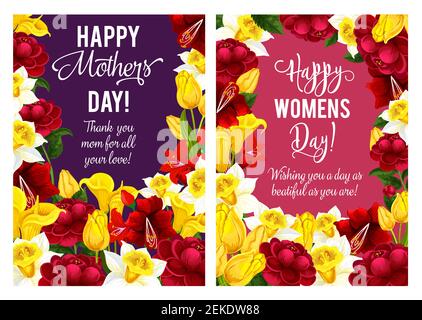 Happy Mother Day Grußkarten florales Design von blühenden Blumen für saisonale Urlaubswunsch. Vektor Muttertag Frühling rot, rosa und lila Frühling Stock Vektor