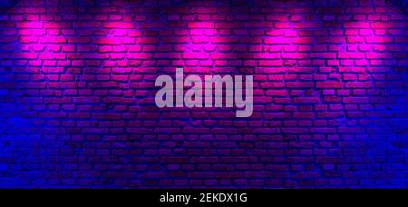Backsteinwände und Neonlicht Hintergrund. Ziegelwände, Neonstrahlen und Leuchten Stockfoto