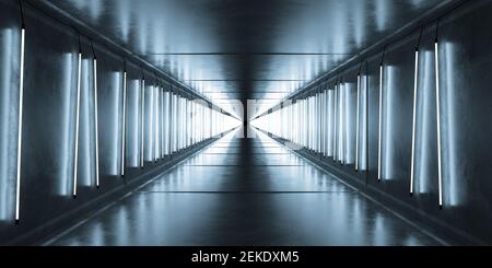 Neon Zimmer blau weiße Röhre fluoreszierende Leuchten. Grunge glänzend Beton Tunnel Korridor elektrischen dunklen Hintergrund. 3D Rendering-Illustration. Stockfoto