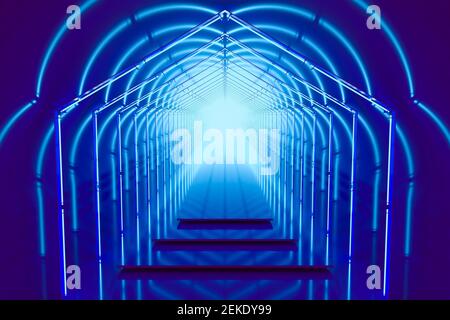 Leuchtend blaue Farbe Podium Portal mit Neonlicht. 3D Rendern Stockfoto