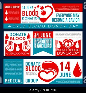 Blutspende und Spendertag Banner für soziale Verantwortung und 14 Juni Charity Aktion Veranstaltung. Vektor flaches Design von Herz und Blutstropfen für Welt Stock Vektor