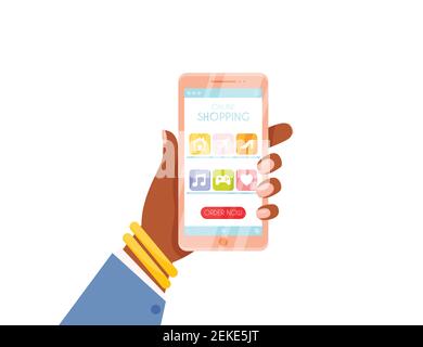 Frau hält Smartphone in der Hand. Jetzt bestellen, Online-Shopping-Konzept. vektor-Illustration Stock Vektor