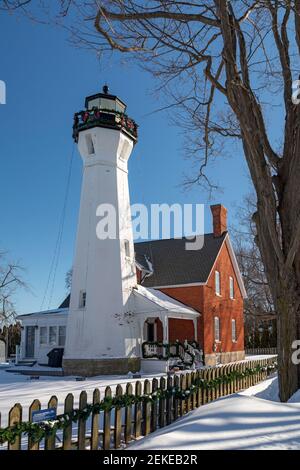 Port Sanilac, Michigan - der Port Sanilac Leuchtturm am Lake Huron. Stockfoto