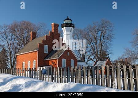 Port Sanilac, Michigan - der Port Sanilac Leuchtturm am Lake Huron. Stockfoto