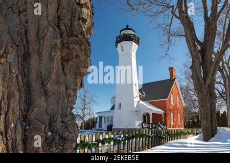 Port Sanilac, Michigan - der Port Sanilac Leuchtturm am Lake Huron. Stockfoto