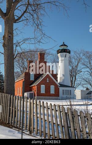 Port Sanilac, Michigan - der Port Sanilac Leuchtturm am Lake Huron. Stockfoto