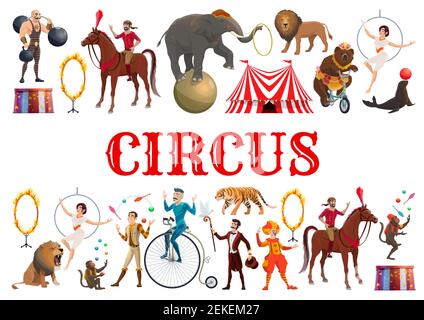 Zirkus Unterhaltungsshow Poster von wilden Tieren Tamer mit Löwe im Feuerring und Elefant balancieren auf Ball. Vector Clown, Muscleman und Bär auf Bicy Stock Vektor