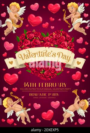 Valentinstag Herz geformten Kranz von Rosenblüten und Cupids Vektor Einladung der romantischen Liebe Urlaub Partei. Amurs mit Liebe Pfeile, Harfe und Engel Stock Vektor