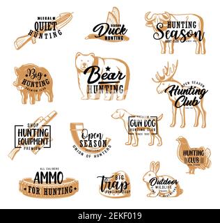 Hunter Club Abzeichen, Jagd Saison Schriftzug Symbole. Vector African Safari Büffel, Jäger Munition Ausrüstung Horn und Falle für Bär, Bandoleer Kugelwagen Stock Vektor