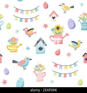 Osterfrühlingsmuster mit niedlichen Eiern, Vögeln und Blumen. Handgezeichnete flache Cartoon-Elemente. Vektorgrafik Stock Vektor