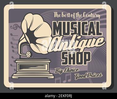 Retro Musikinstrumente Shop und antike Musik Salon vintage Poster. Vektor-Noten, Phonograph Grammophon und Vinyl-Schallplatten, Seltenheitslieder und r Stock Vektor