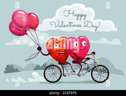 Happy Valentines Day Vektor Grußkarte mit ein paar liebevolle Herzen mit roten Ballons Fahrrad fahren. Romantische Liebe Urlaub Feier Design Stock Vektor