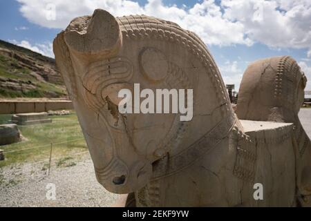 Ruinen, Statuen und Wandmalereien der alten persischen Stadt Persepolis im Iran. Die berühmtesten Überreste des alten persischen Reiches. Stockfoto