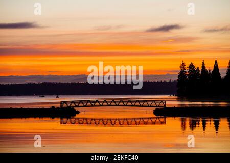 Port Blakely Brücke bei Sunrise, Bainbridge Island, Washington, USA Stockfoto