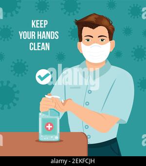 Desinfektionskonzept für die Hände sauber halten. Mann, der seine Hände mit einer Maske desinfiziert. Verwenden Sie antiseptisches Gel, um die Hände zu reinigen und Keime zu verhindern. Stock Vektor