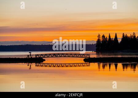 Port Blakely Bridge bei Sonnenaufgang, Bainbridge Island, Washington, USA Stockfoto