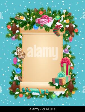Frohe Weihnachten Karte Vorlage, blank Ingot und Winterurlaub. Vector Tannenzweige oder Weihnachtsbaum, Geschenkboxen und Dekorationen, Zapfen und Lebkuchen coo Stock Vektor
