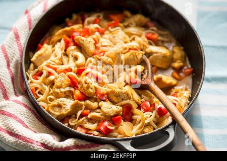 Nudel mit Hoisin Sojasauce Huhn, Paprika und Erdnüssen Stockfoto