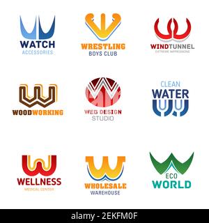 W-Symbole und Schriftartsymbole für Corporate Identity Letter. Vector W Schilder von Uhrenladen, Wrestling Sport Gym Club und Windkanal Entertainment Park, Web des Stock Vektor