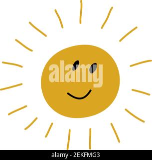 Cute Smiling Sun Icon Vektor Sommer Illustration für Kid Scandinavian Print oder Poster. Cartoon Doodle Lustige Sonne Gesicht Design, Baby Dusche Grußkarte Stock Vektor