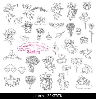 Valentinstag Skizze Symbole mit Vektor-Symbole der romantischen Liebe Urlaub. Herzen, Geschenke und Luftballons, Blumen, Liebesbrief Umschlag und Schokolade, verwoben Stock Vektor