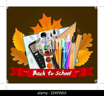 Schulwerkzeuge. Herbstblätter und rotes Band mit der Inschrift. Vektorbild Stock Vektor