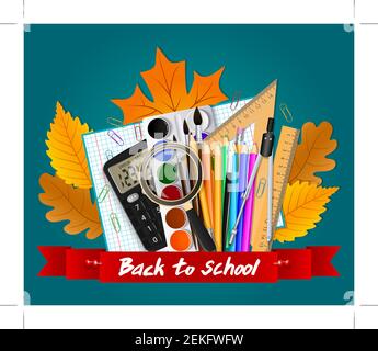 Schulwerkzeuge. Herbstblätter und rotes Band mit der Inschrift. Vektorbild Stock Vektor