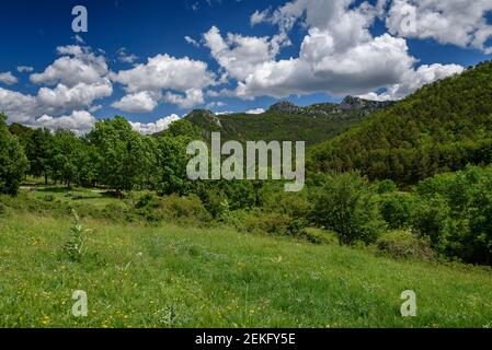 Catllaràs Aussicht von der Falgars-Wallfahrtskirche im Frühling (Berguedà, Katalonien, Spanien, Pyrenäen) Stockfoto