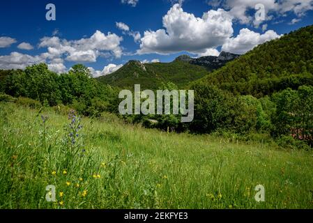Catllaràs Aussicht von der Falgars-Wallfahrtskirche im Frühling (Berguedà, Katalonien, Spanien, Pyrenäen) Stockfoto