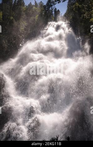 Comials Wasserfall, in der Nähe des Bonaigua Gebirgspass (Pyrenäen, Aigüestortes und Nationalpark Estany de Sant Maurici, Katalonien, Spanien) Stockfoto