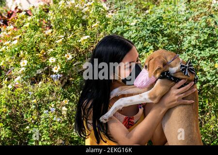 Ein junges lateinisches Mädchen in einem kubanischen Garten, das sie anschaut Haustier Hund hält sie in der Nähe ihres Gesichts, beide tragen hausgemachte Masken Stockfoto