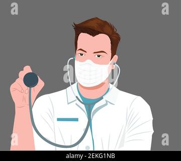 Handsome Male doctor Listening mit Stethoskop flaches Design Vektor-Illustration auf Hintergrund isoliert. Arzt trägt Gesichtsmaske Stock Vektor