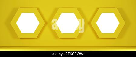 Gelbe Wand mit drei sechseckigen Zellen. 3D Rendern Stockfoto