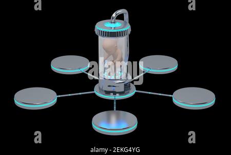 Embryo im Sci-Fi-Kolben und fünf Callouts isoliert auf schwarz. 3D Rendern Stockfoto