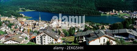 Stadt St. Moritz und St. Moritzersee, Kanton Graubünden, Schweiz Stockfoto