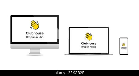 PC Laptop Tablet und Smartphone Screen Set mit Clubhouse Einladung Logo auf dem Display Vektorgrafik EPS 10 Stock Vektor