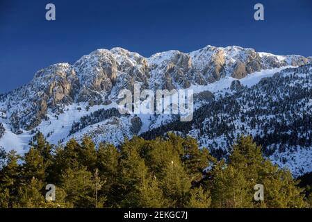 Pedraforca Südwand nach Schneefall im Winter (Provinz Barcelona, Katalonien, Spanien, Pyrenäen) Stockfoto