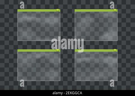 Transparentes Kunststoff-Reißverschluss-Paket auf dunkel gesetzt Stock Vektor