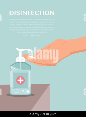 Banner von Reinigen Sie Ihre Hände. Händedesinfektionsmittel. Persönliche Hygiene. Verwenden Sie antiseptisches Gel, um die Hände zu reinigen und Keime zu verhindern. Auftragen eines feuchtigkeitsspendenden Desinfektionsmittels Stock Vektor