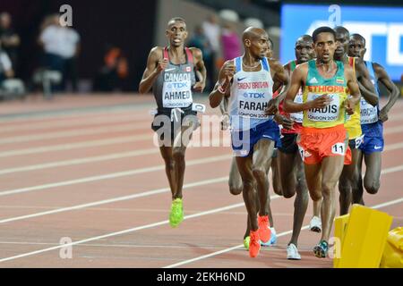 Mo Farah (Großbritannien, Goldmedaille), Abadi Hadis (Äthiopien), Mohammed Ahmed (Kanada). 10000 Meter Männer. IAAF World Championships London 2017 Stockfoto