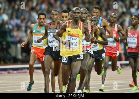 Joshua Cheptegei (Uganda, Silbermedaille), Mohammed Ahmed (Kanada), Geoffrey Kamworor (Kenia). 10000 Meter Männer. IAAF World Championships London Stockfoto